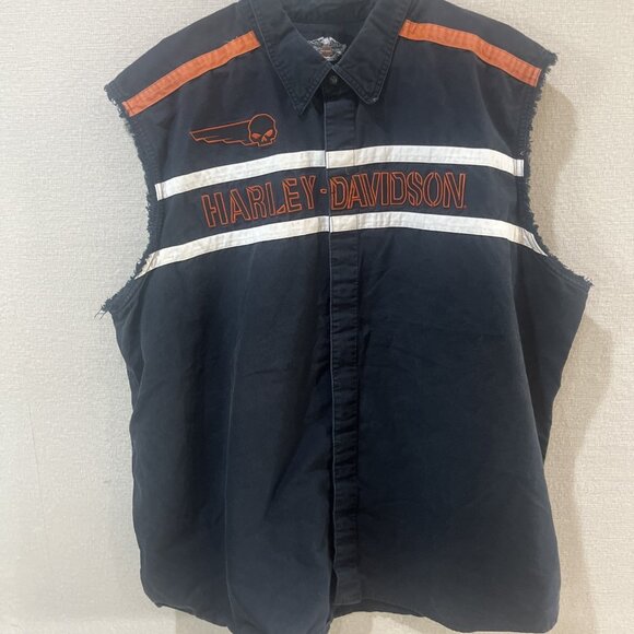 Harley Davidson Mens Navy Blue, Orange, White Button Up Shirt Jacket  Size 3XL - Picture 1 of 12